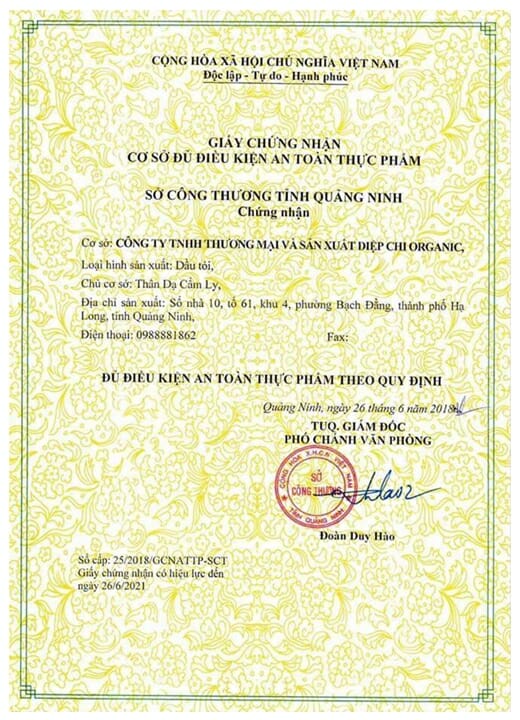 Dầu tỏi Diệp Chi có tốt không? Bài review (đánh giá) 5000 từ 3 chung-nhan-an-toan-thuc-pham-dau-toi-diep-chi